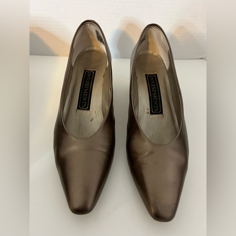 Vintage Investments‎ Leather Chunky Block Heels Bronze, Women’s Size 8 Narrow